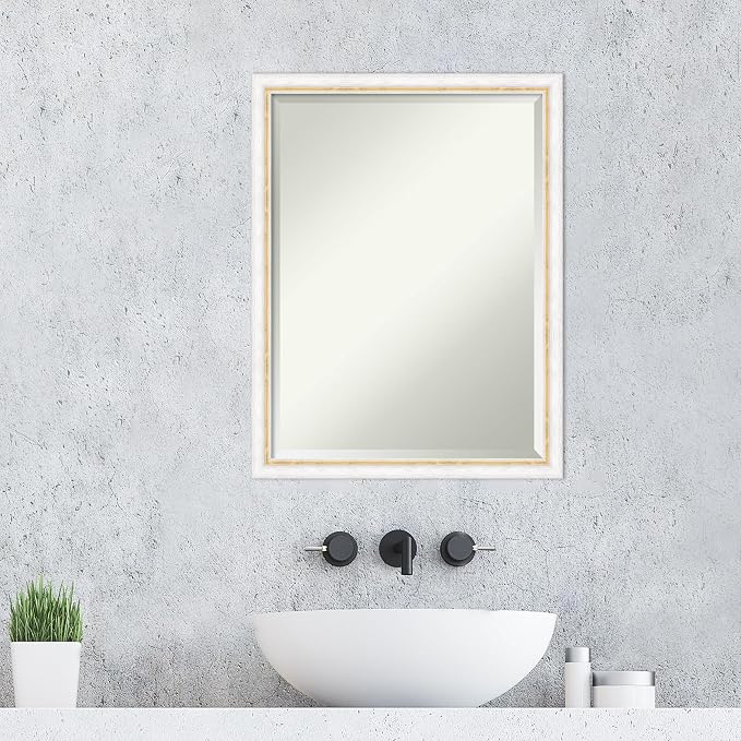Amanti Art White Wall Mirror 26x20 Morgan White Gold Rectangle Bathroom Mirror for Wall Decor Living Room, Medium Modern Wood Frame, Hangs Horizonally and Vertically, Bathroom Decor, Beveled Edge