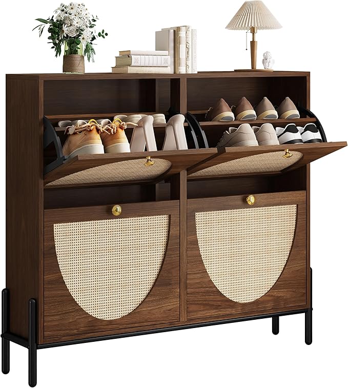 IRONCK Rattan Shoe Cabinet Storage with 4 Flip Drawers, Freestanding Shoe Storage Organizer Cabinet for Entryway, Narrow Shoe Rack Cabinet, Walnut