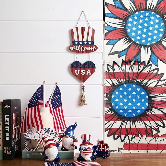 Valery Madelyn 4th of July Wreath, Patriotic Wreath for Front Door, Red White and Blue Top Hat and Heart Wall Signs for Memorial Day Independence Day USA 250th Anniversary, 22 inch