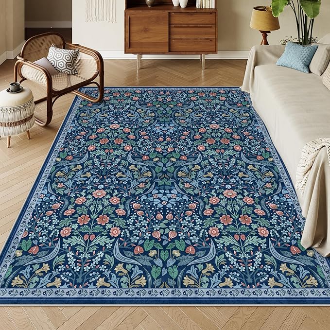 Moynesa Floral Washable 8x10 Rug, Large Area Rugs for Living Room, Soft 8 x 10 Boho Bedroom Rugs, Non Slip Botanical Ultra Thin Floor Carpet for Dining Room Nursery, Blue