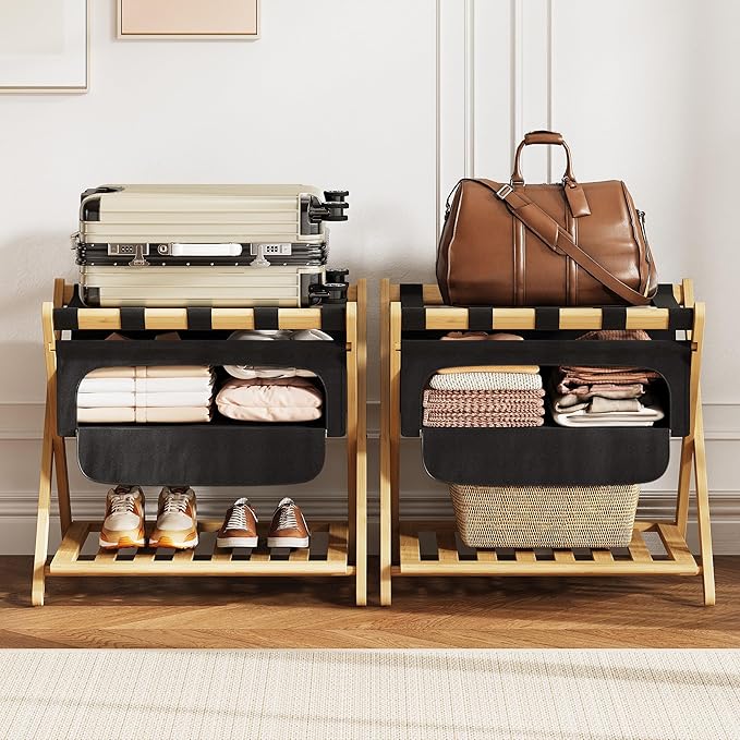 Full Assembled 26.77"L Luggage Rack for Guest Room, Set of 2 Foldable Suitcase Stand with 5 Nylon Straps & Cloth Bag, Luggage Stand Holder with Shoe Shelf for Suitcases Hotel (Natural Wood Bamboo)