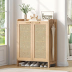 Rattan Shoe Storage Cabinet, 5-Tier Shoe Cabinet for Entryway, Wooden Shoe Rack Organizer with Doors and Adjustable Shelves, for Entryway, Hallway, Living Room, Natural Oak