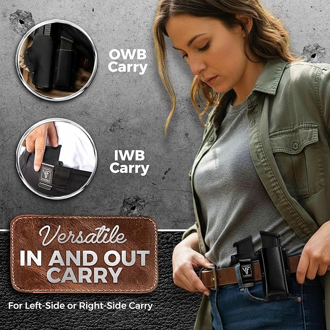 Buffalo Leather Magazine Holder - IWB/OWB Convertible - Right/Left Handed for Men and Women - Premium Mag Belt Pouch - Compatible with Glock & Sig