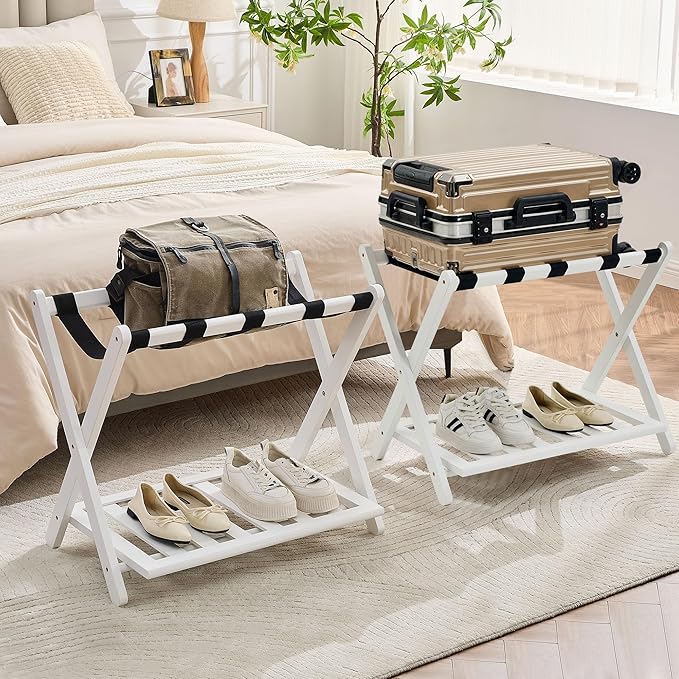 Fully Assembled Luggage Racks Pack of 2, Upgraded Bamboo Foldable Suitcase Stand with 5 Nylon Straps, 26.77" Thickened Luggage Stand Holder with Shelf for Guest Room Bedroom Hotel, White