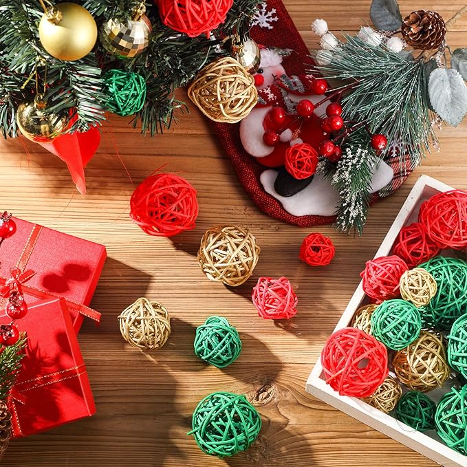 Patelai 36 Pcs Wicker Rattan Balls Decorative Balls for Vase Centerpiece Bowls Orbs Filler for Home Decor,4 Sizes(Red, Green, Gold,2.4'',2'',1.6'',1.2'')