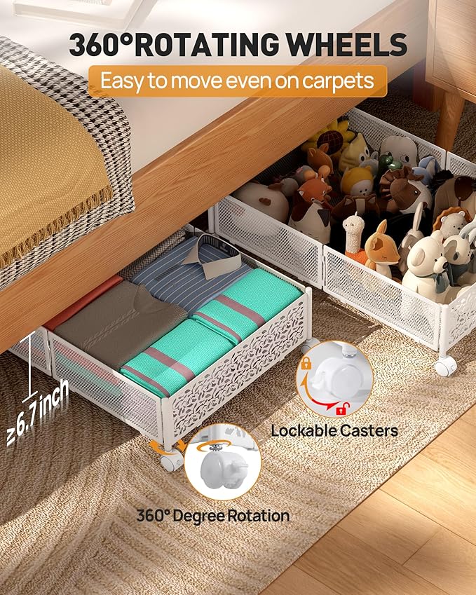 Under Bed Storage With Wheels, 4 Pack Foldable Pattern Carved Metal Under Bed Storage Containers, 60L Rolling Underbed Storage, Easy Assembly Under The Bed Storage for Shoes, Blankets...