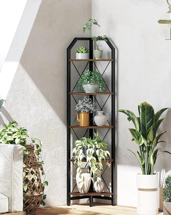CHOEZON 59.4" Corner Shelf, 5-Tier Industrial Corner Bookshelf, Corner Storage Stand, Plant Stand Display Shelf, Bookcase for Bedroom, Living Room, Home Office, Rustic Brown and Black TCJ10BF