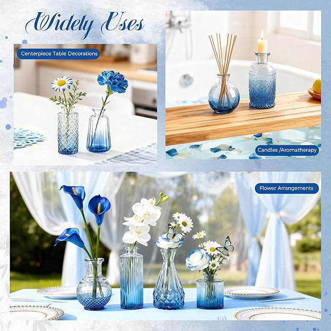 Der Rose Blue Glass Bud Vases Set of 20, Small Bud Vases for Flowers, Rustic Wedding Centerpieces and Home Decor