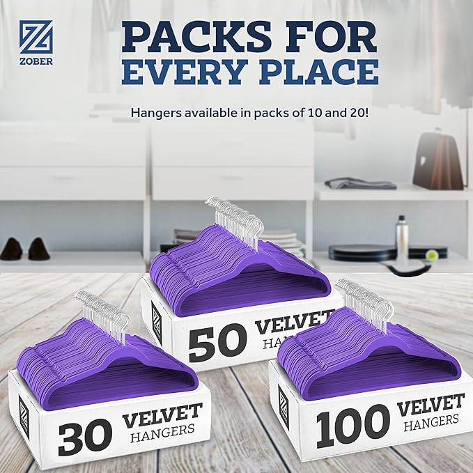 ZOBER Purple Velvet Hangers 50 Pack - Clothes Hangers, Coat Hanger for Pants & Dress Clothes - Non Slip w/ 360 Degree Swivel, Holds up to 10 lbs - Strong Felt Hanger for Clothing