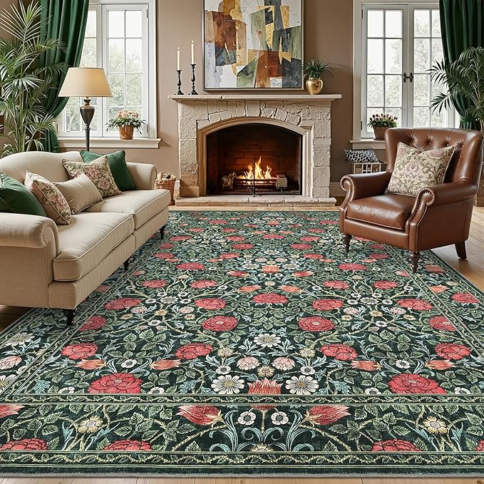 GarveeHome Green Vintage Floral Washable Rugs 8x10 for Living Room Boho Botanical Retro Rug Low Pile Stain Resistance Non Slip Carpet for Bedroom Nursery Dining Room