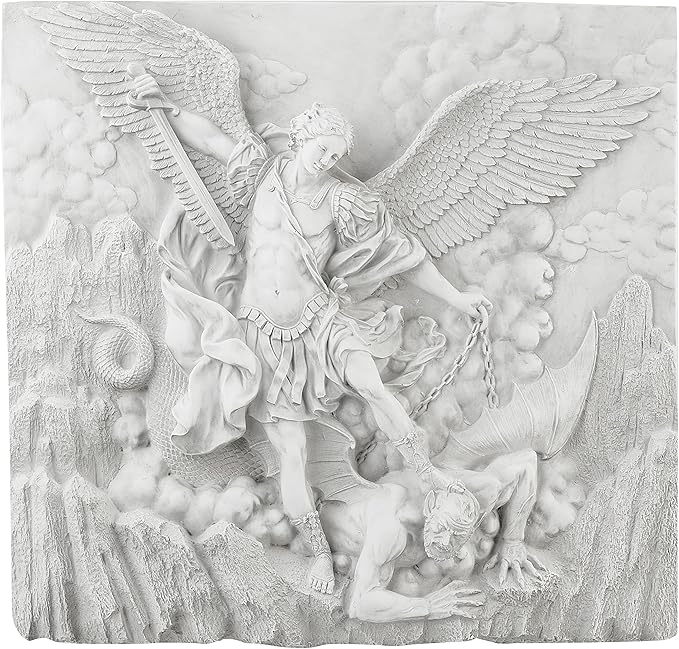 Design Toscano Michael the Archangel Slaying Demon Indoor/Outdoor Wall Frieze Sculpture, 22 inches wide, Cast Stone Resin, Antique Stone Finish