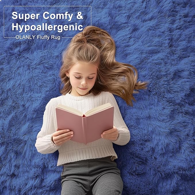 OLANLY 6x6 Area Rugs for Living Room Bedroom, Machine Washable Soft Fluffy Shaggy Bedside Rug, Indoor Floor Carpet for Kids Girls and Boys, Dorms, Nursery Rooms, Home Decor Aesthetic, Navy Blue
