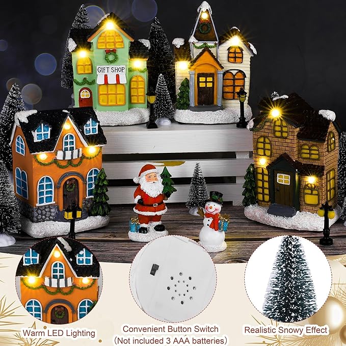 Aneco 19 Pieces Christmas Village Set Resin Christmas Houses with Santa Claus Snowman Figurines, LED Light Lamps, and Pine Trees, Xmas Town Scene Building Ornaments for Winter Home Desktop Decor Gift