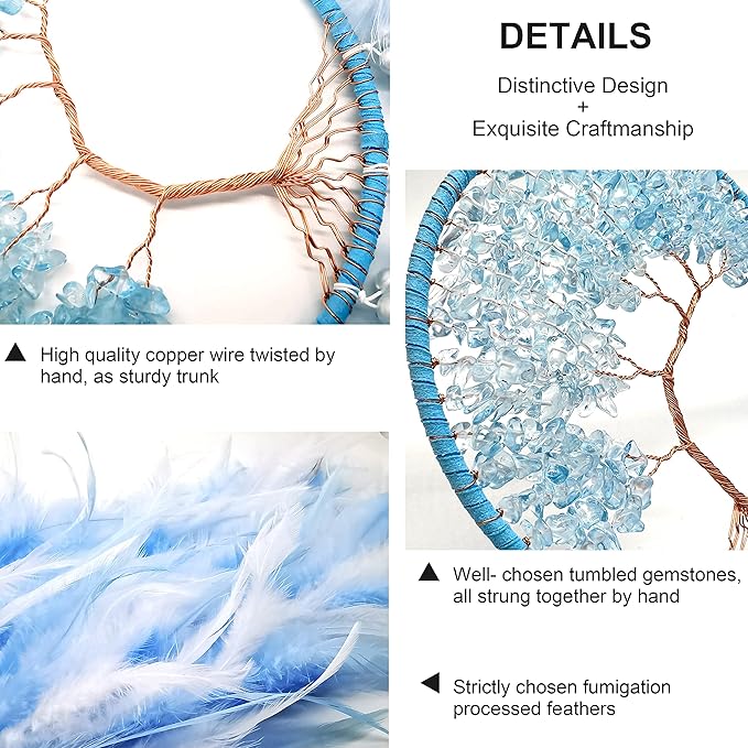 Dream Catchers, Sky Blue Dream Catcher Tree of Life Wall Decor, with Natural Healing Crystal Stone, Perfect Handmade Dreamlike Crystal Dream Catcher for Bedroom Art Craft Gift