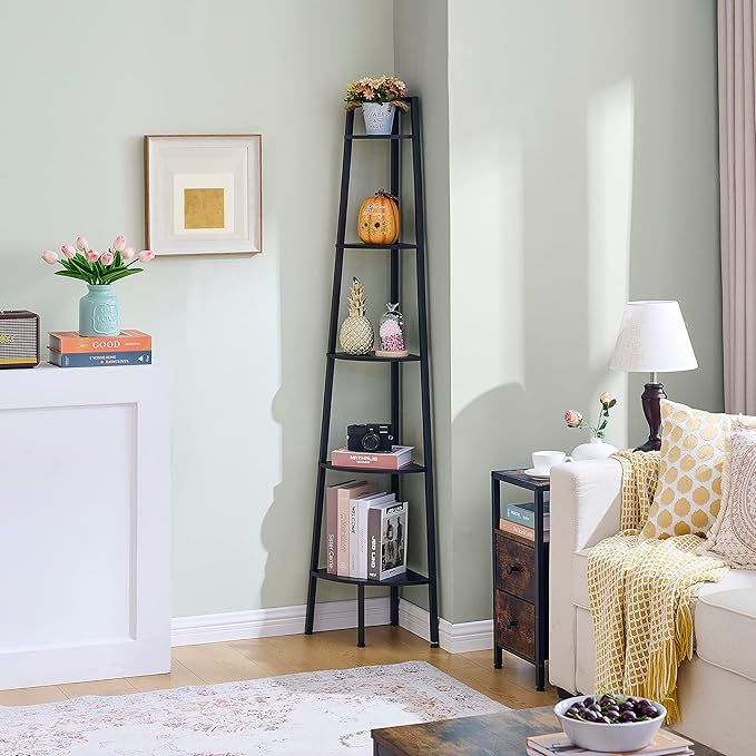 Hoctieon Corner Shelf, 5-Tier Corner Bookshelf, Rustic Ladder Shelf, Industrial Display Stand for Living Room, Kitchen, Home Office, Balcony, Small Space, Metal Frame, Black