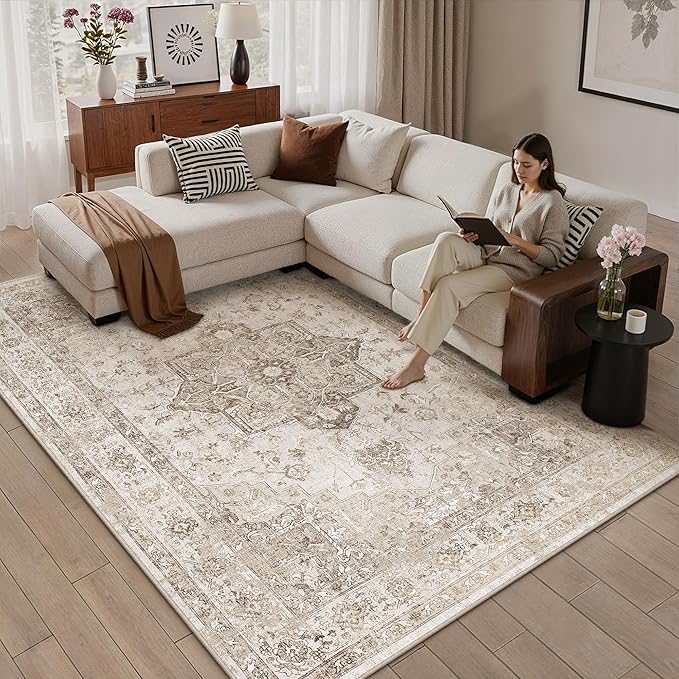 Taupe 5x7 Area Rug Washable Vintage Living Room Carpet Non Slip Retro Distressed Low Pile Soft Oriental Medallion Thin Throw Rug for Kitchen Bathroom Office Bedroom Dining Room