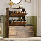 Shoe Cabinet with Bench and 3 Flip Drawers, Slim Narrow Shoe Storage Cabinet, Freestanding Shoe Rack Organizer with Adjustable & Removable Shelves, Anti-Tip for Entryway, Hallway, Foyer