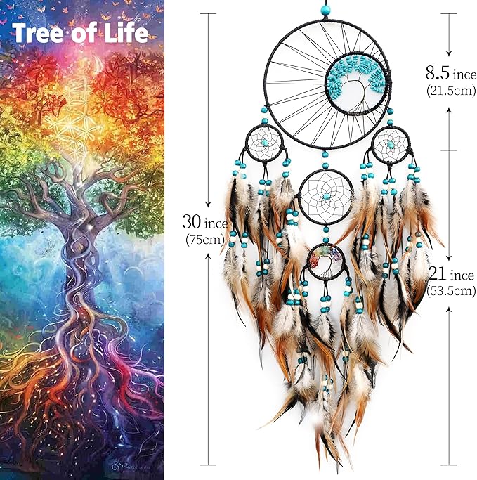 Dream Catchers,Large Dream Catcher for Bedroom Adult,Native American Boho Dreamcatcher Tree of Life Wall Decor with Turquoise Hanging Ornament Teen Dorm Room Decor Festival Gift (Brown)