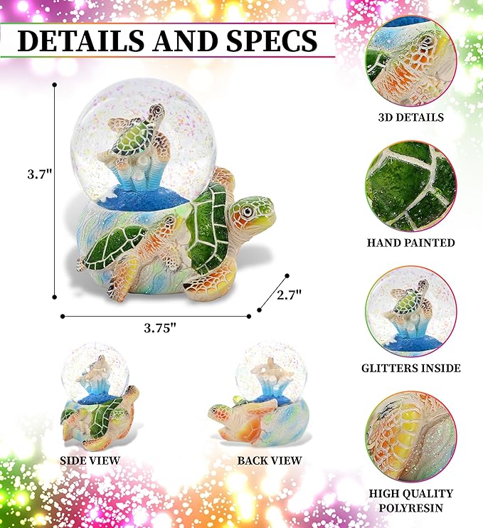 CoTa Global Green Sea Turtle Egg Snow Globe Decor - Elegant Pink Sparkle Glitter Inside The Snow Globe, Animal Figurines for Kids and Adults, Collectible Snow Globes for Birthday, Christmas - 65 mm