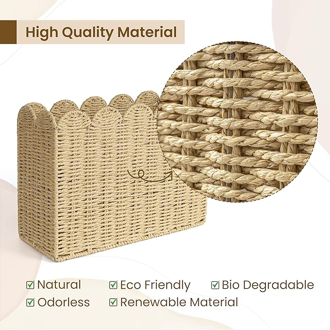 AELS Woven Natural Fibre Magazine Holder, Scalloped Edge Floor Magazine Rack, Hand-woven Organizer, Boho Modern Farmhouse Book Basket, File Newspaper Mail Holder for Office