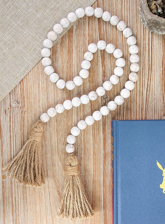 Wood Bead Garland Farmhouse Beads with Tassels,Farmhouse Tassel Garland Country Wall Hanging Decor Prayer Beads(39 inches)