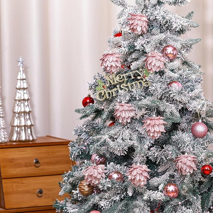 Jetec 8 Pieces Christmas Ornaments Glitter Christmas Tree Hanging Decoration Decorative Artificial Pine Cones Flowers Hanging Ornaments for Winter Wreath Holiday Decor(Rose Gold)