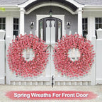 26 Inch Spring Wreaths for Front Door Large Easter Valentines Forsythia Floral Summer Spring Door Wreaths Outdoor All Season Spring Decorations for Home Porch Room Window Wall Farmhouse Decor(Pink-1)