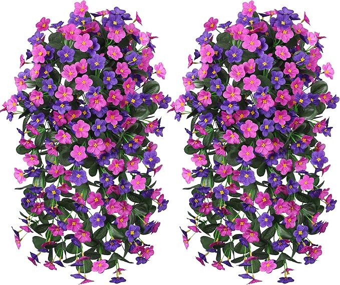 Artificial Fake Hanging Flowers Plants for Outdoor Spring Summer Decoration, 2PCS Faux Silk Daisy Flower Look Real UV Resistant Orchid Vine for Home Outside Garden Wall Indoor(Dark Purple and Fuchsia)