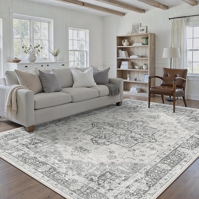 Gray 5x7 Area Rug Washable Vintage Living Room Carpet Non Slip Retro Distressed Low Pile Soft Oriental Medallion Thin Grey Throw Rug for Kitchen Bathroom Office Bedroom Dining Room
