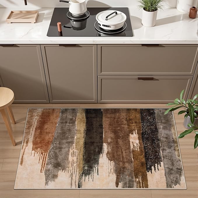 Ciicool Modern Abstract Area Rug 2x3 Washable Small Entryway Rugs, Black Brown Non-Slip Low Pile Throw Entry Rug, Foldable Kitchen Bathroom Rugs Floor Carpet for Entrance Bedroom Indoor Doormat