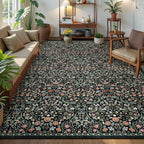 Moynesa Floral Washable Rugs 9x12, Soft Living Room Area Rugs 9x12 Large Boho Bedroom Rug, Non Slip Ultra Thin Soft Botanical Floor Carpet for Dining Room Home Office Farmhouse, Black