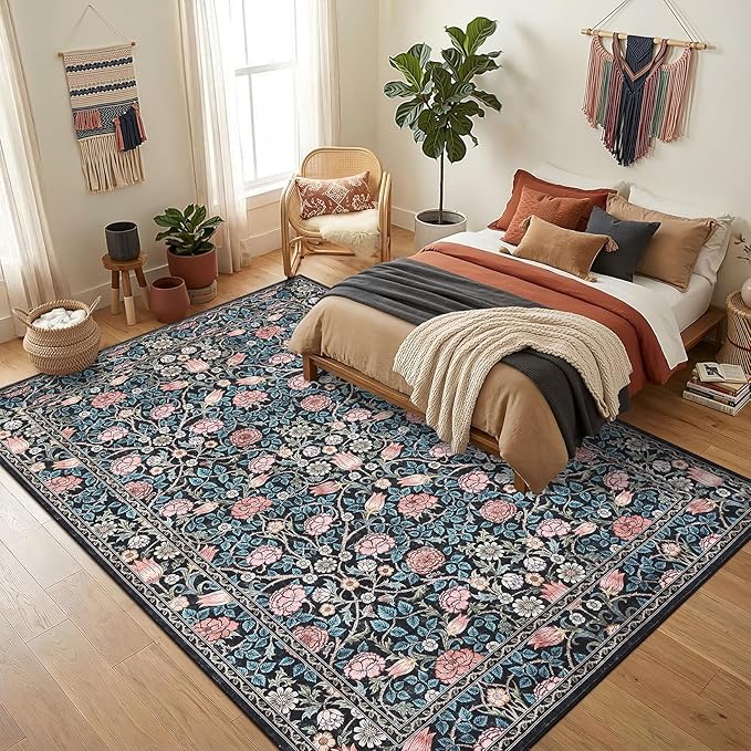 GarveeHome Indigo Blue and Pink Vintage Floral Washable 6x9 Area Rugs for Living Room Boho Retro Rug Low Pile Stain Resistance Non Slip Carpet for Bedroom Nursery Dining Room