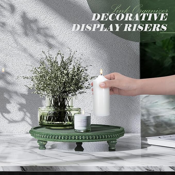 EOSAHR Round Pine Wooden Display Riser - Beaded Wood Riser for Small Plant Stand & Sink Sponge Holder, Perfume Display Stand - Rustic Kitchen Counter Organizer, Boho Chic Room Decor (Green)