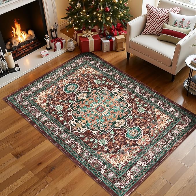 U'Artlines Boho Vintage Area Rug 4x6 ft Machine Washable Low Pile Soft Floor Carpet Non Slip Non Shedding Accent Rug for Living Room Bedroom Entryway Dining Room Office Rust＆Teal