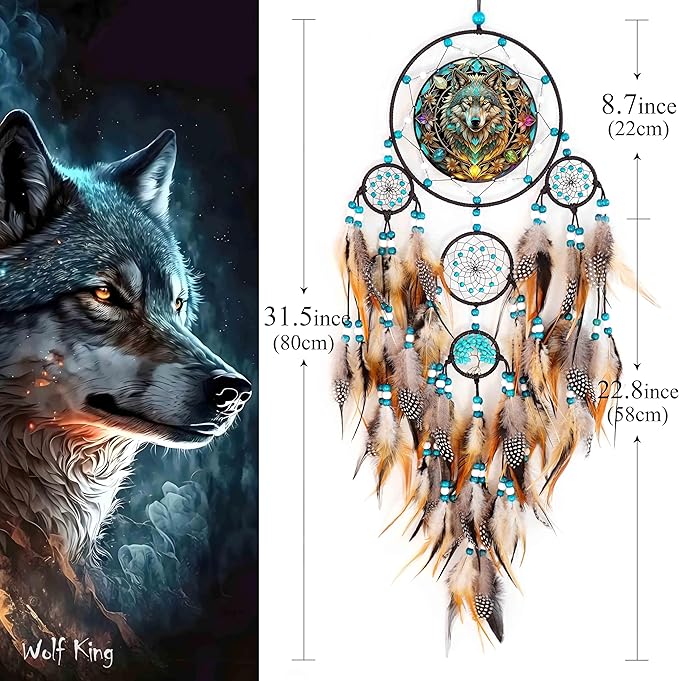 Wolf Dream Catchers,Large Dream Catcher for Bedroom Adult,Dreamcatcher for Wall Hangings,Teen Dorm Room Decor Festival Gift,Decor for Office, Room, Home (Wolf Dream Catchers)
