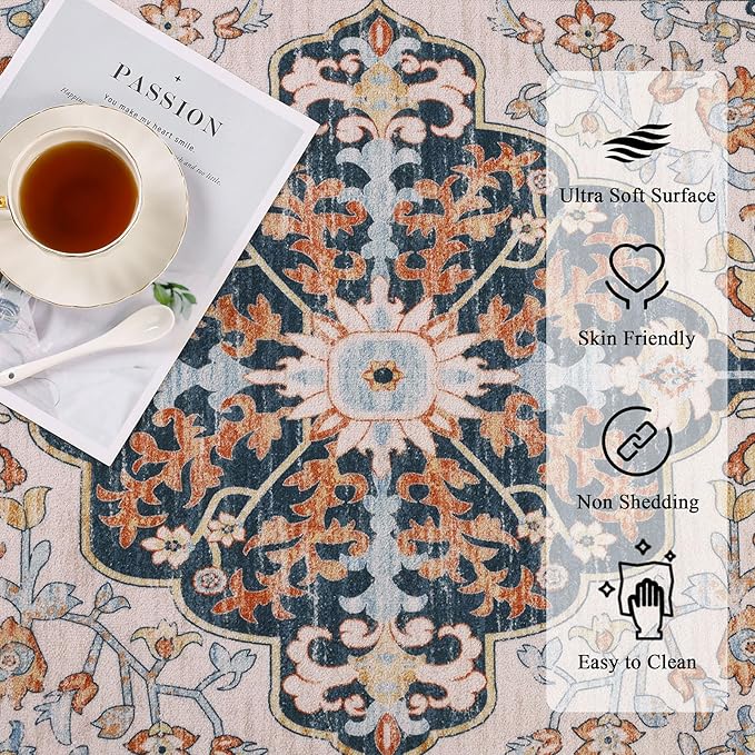 U'Artlines Boho Vintage Area Rug 6x9 Machine Washable Low Pile Soft Floor Carpet Non Slip Non Shedding Accent Rug for Living Room Bedroom Entryway Dining Room Office Orange Blue
