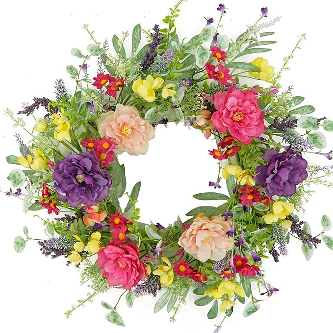 WreathDream Artificial Spring Summer Wreath Peony Wreaths for Front Door with Olive Leaf,Eucalyptus Leaf,Daisy,Lavender for Indoor Outdoor Wall Festival Home Farmhouse Wedding Decor
