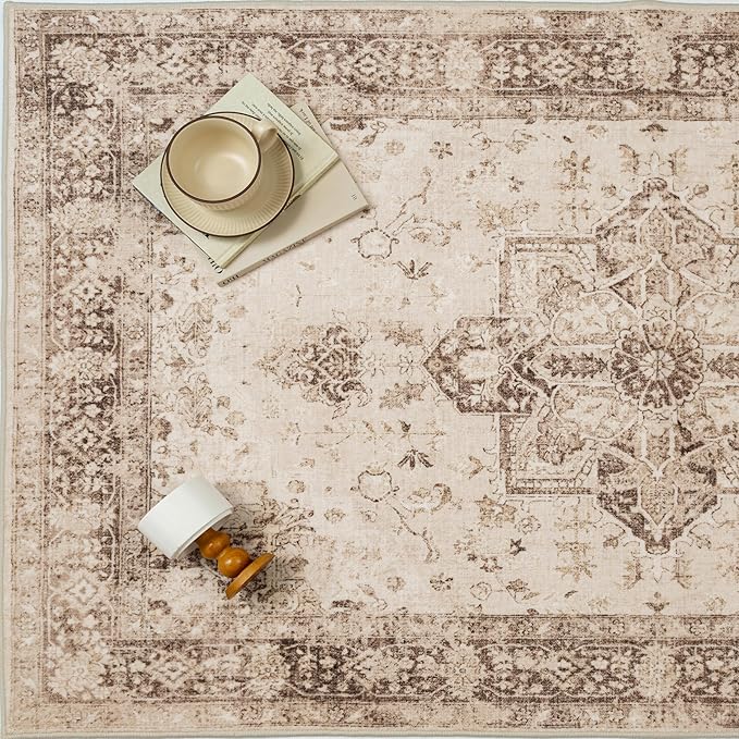 Brown 8x10 Area Rug Washable Vintage Living Room Carpet Non Slip Retro Distressed Low Pile Soft Oriental Medallion Thin Large Throw Rug for Office Bedroom Dining Room Playroom