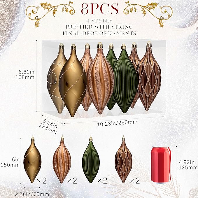 JORNOY Finial Drop Christmas Ornaments for Tree Decorations, 150mm/6inch Shatterproof Plastic Hanging Large Tear Drop Baubles Bulk for Holiday Home Party Decor with String, 8 Pack, Earth Tone