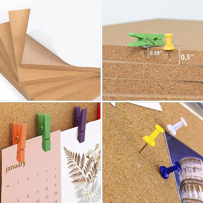 AKTOP Cork Board Bulletin Board 17"x8", 1/2" Thick Cork Board Tiles 6 Pack, Small Pin Board for Wall Decor, Self Adhesive Corkboards with 60 Push Pin Wood Clips for School, Home & Office