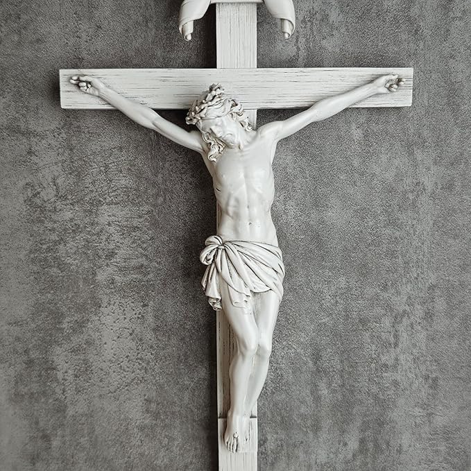 BC Catholic Crucifix Wall Cross, 10" H Jesus Christ Home Decor, Religious Gift, Wood Carved Look, Grey White Finish, Hand Painted by Buildclassic