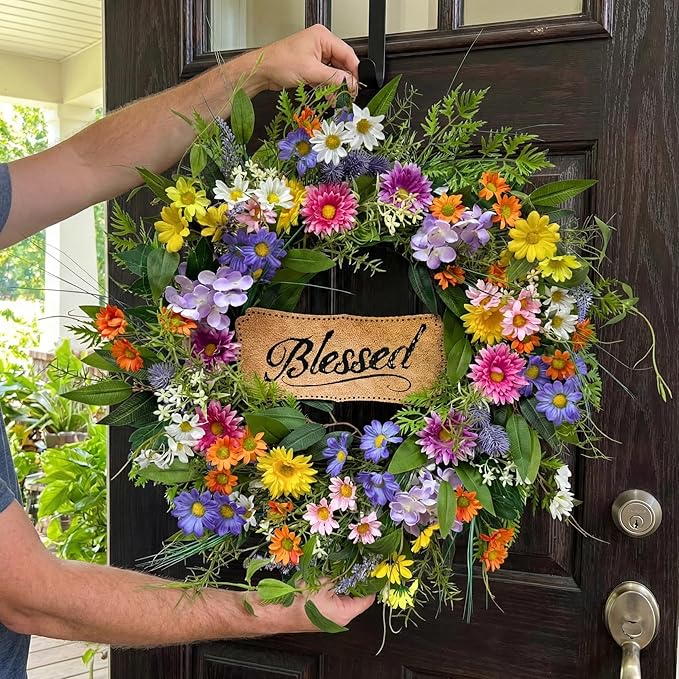 22 Inch Spring Summer Wildflower Wreath for Front Door, Colorful Floral Welcome Wreath with Blessed Sign Daisies Peonies for Wall Door and Porch Farmhouse Home Decor