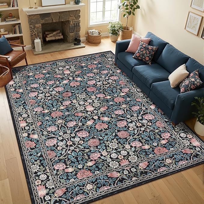 GarveeHome Indigo Blue and Pink Vintage Floral Washable 6x9 Area Rugs for Living Room Boho Retro Rug Low Pile Stain Resistance Non Slip Carpet for Bedroom Nursery Dining Room