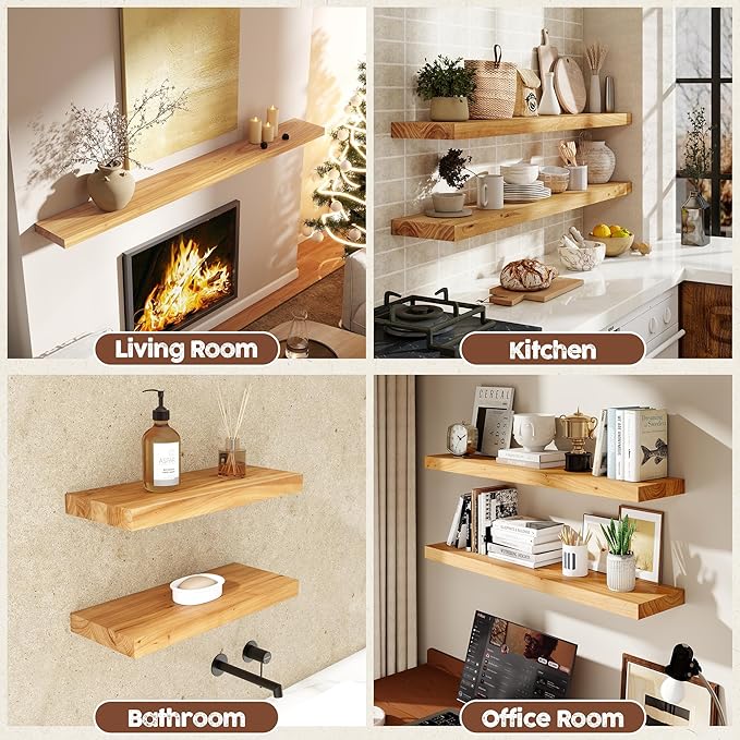 fuqing Floating Shelves for Wall, 24 inch Rustic Solid Elm Wood Floating Shelves, Wooden Wall Shelves with Invisible Heavy Duty Brackets for Living Room, Bedroom, Kitchen, Bathroom, 2 Pack, Natural