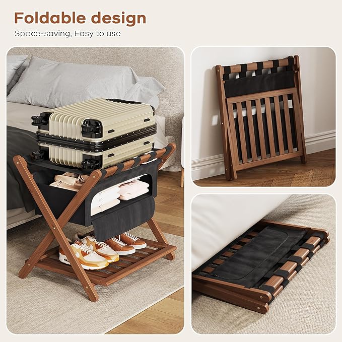 Full Assembled 26.77" L Luggage Rack for Guest Room, Set of 2 Foldable Suitcase Stand with 5 Nylon Straps & Cloth Bag, Luggage Stand Holder with Shoe Shelf for Suitcases Hotel (Walnut Bamboo)