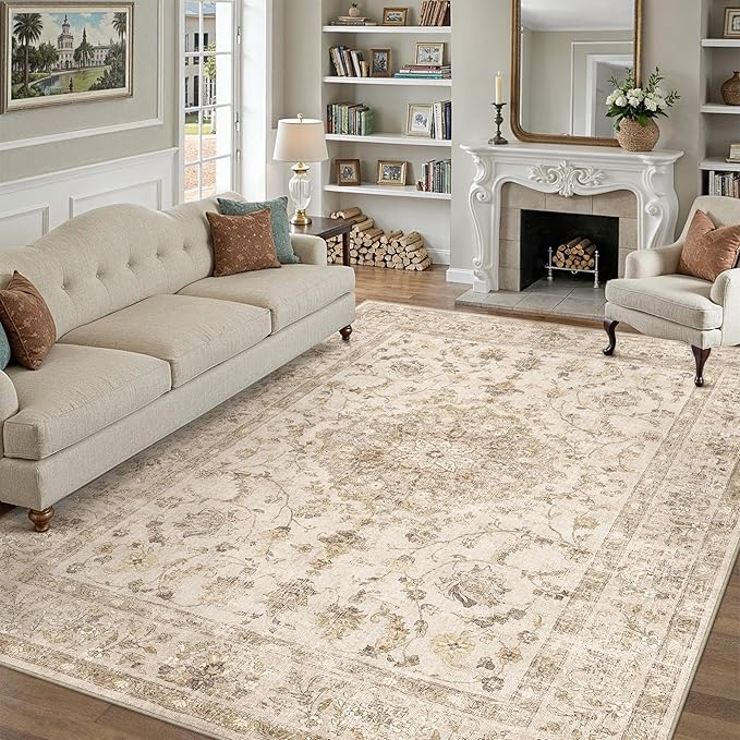 8x10 Beige Area Rug Washable Living Room Vintage Carpet Bedroom Distressed Large Non Slip Low Pile Thin Dining Room Office Medallion Accent Throw Rug