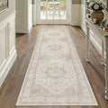 Beige Runner Rug 2'6"x12' Washable Vintage Carpet Hallway Kitchen Soft Retro Low Pile Thin Indoor Bedroom Non Slip Oriental Medallion Long Throw Rug for Bathroom Laundry Dining Room
