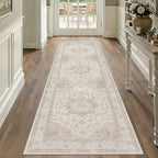 Beige Runner Rug 2'6"x14' Washable Vintage Carpet Hallway Kitchen Soft Retro Low Pile Thin Indoor Bedroom Non Slip Oriental Medallion Long Throw Rug for Bathroom Laundry Dining Room