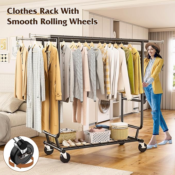 Raybee Clothes Rack Load 630LBS, Heavy Duty Clothes Rack, Rolling Clothing Racks for Hanging Clothes with Wheels, Adjustable & Commercial Garment Rack, 22" D x 75" W x 68" H, Black