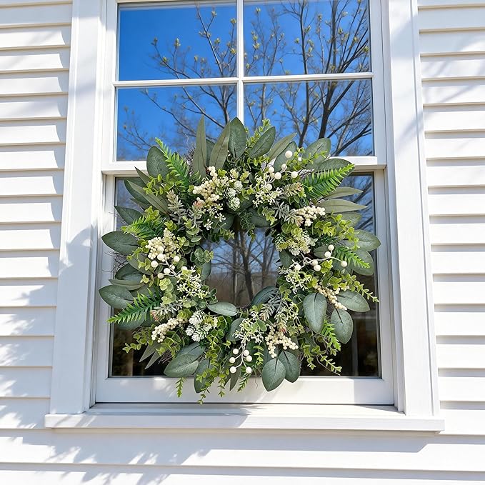 24 Inch Greenery Wreaths for Front Door – Artificial Eucalyptus Wreath with White Berries and Mixed Green Leaves, Year-Round Farmhouse Indoor Outdoor Door Wreath for Spring Summer Home Decor
